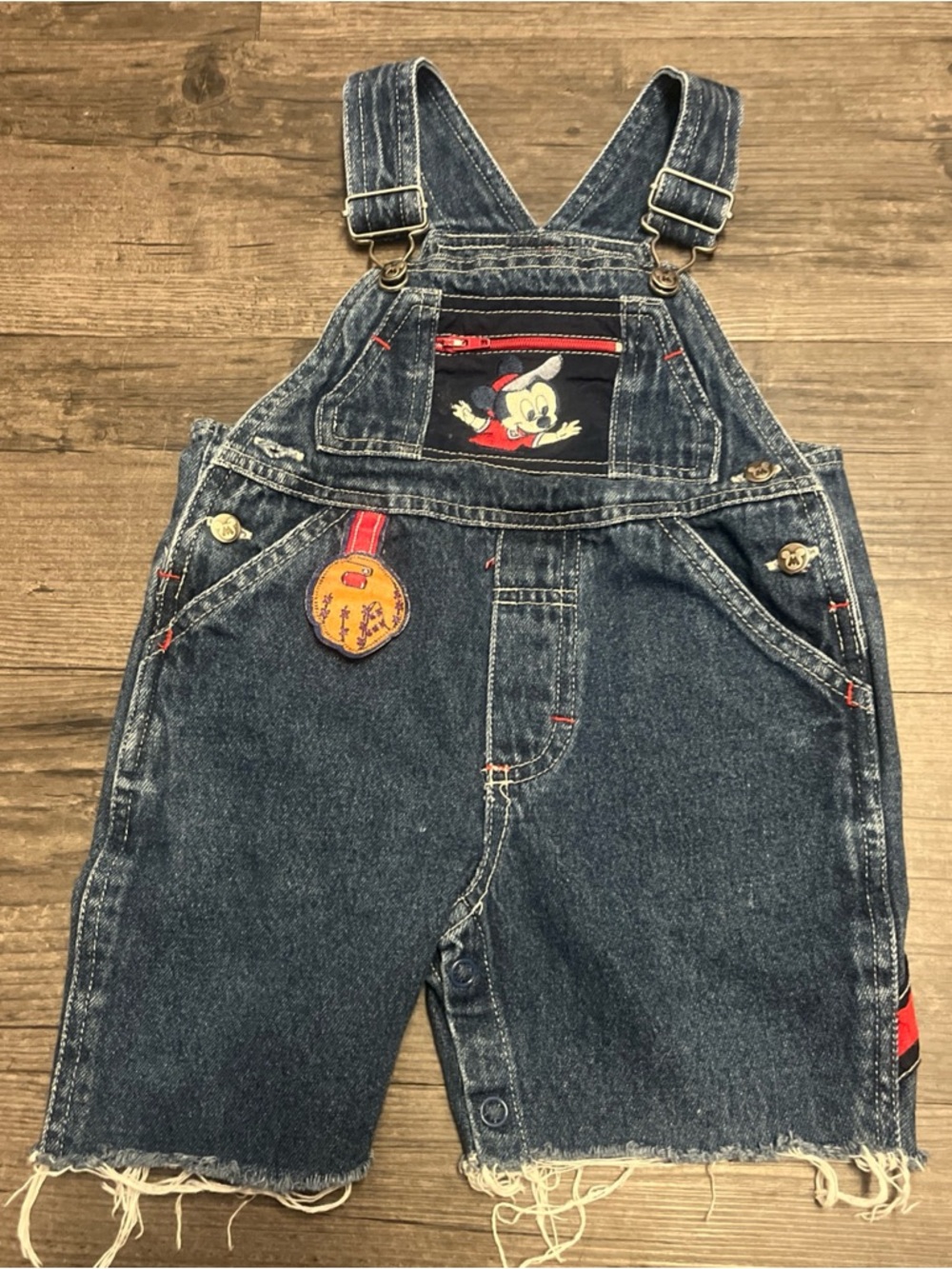 Disney Denim Short Overalls with Red & Yellow Accent